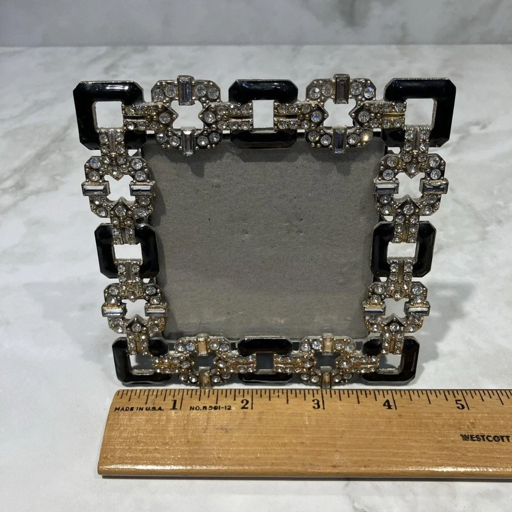 Ashleigh Manor Geometric Art Deco Frame Enamel Metal Faux Jewels Photo Frame Vtg